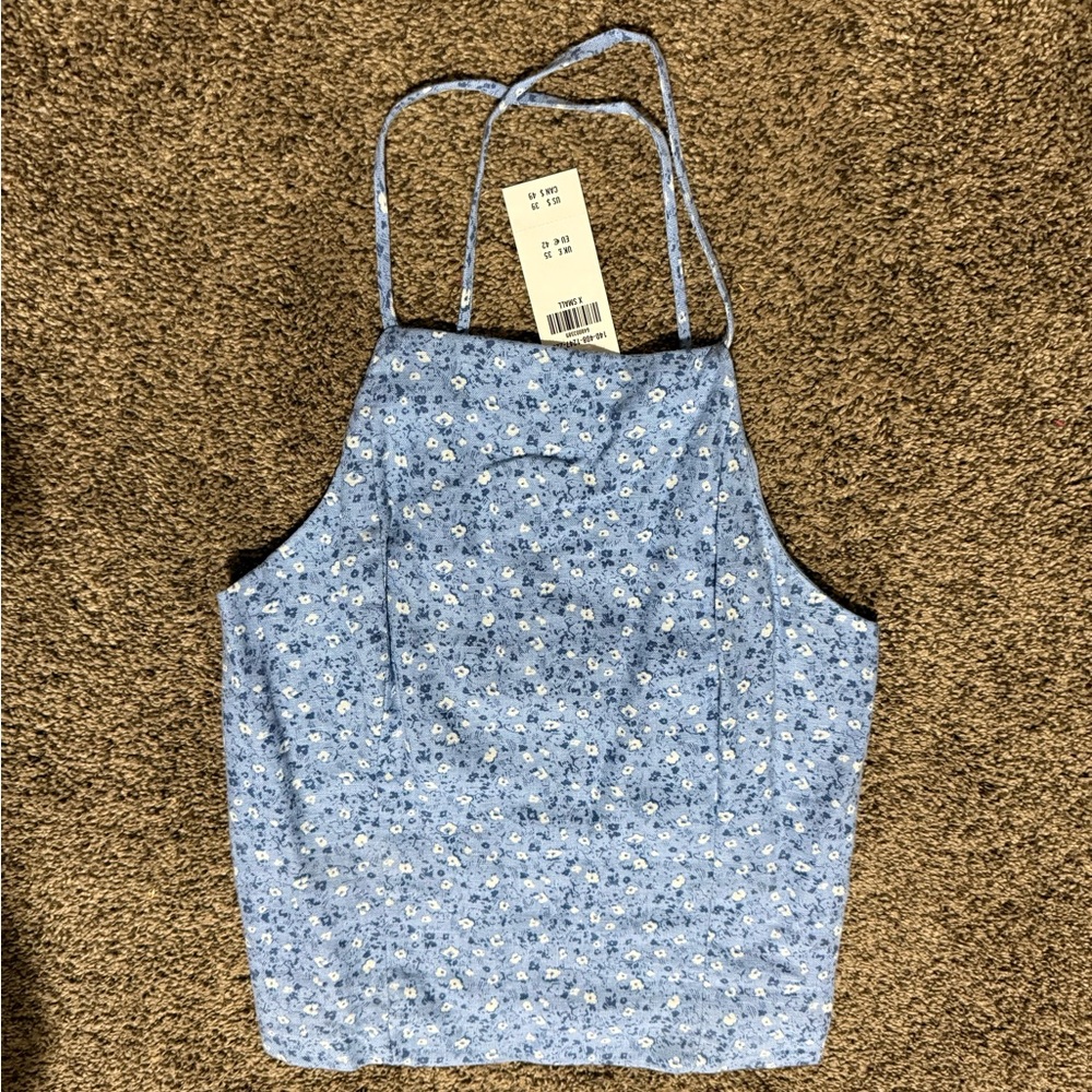 Abercrombie & Fitch Blue White Ditsy Floral Smocked Crop Tank Top Linen XS